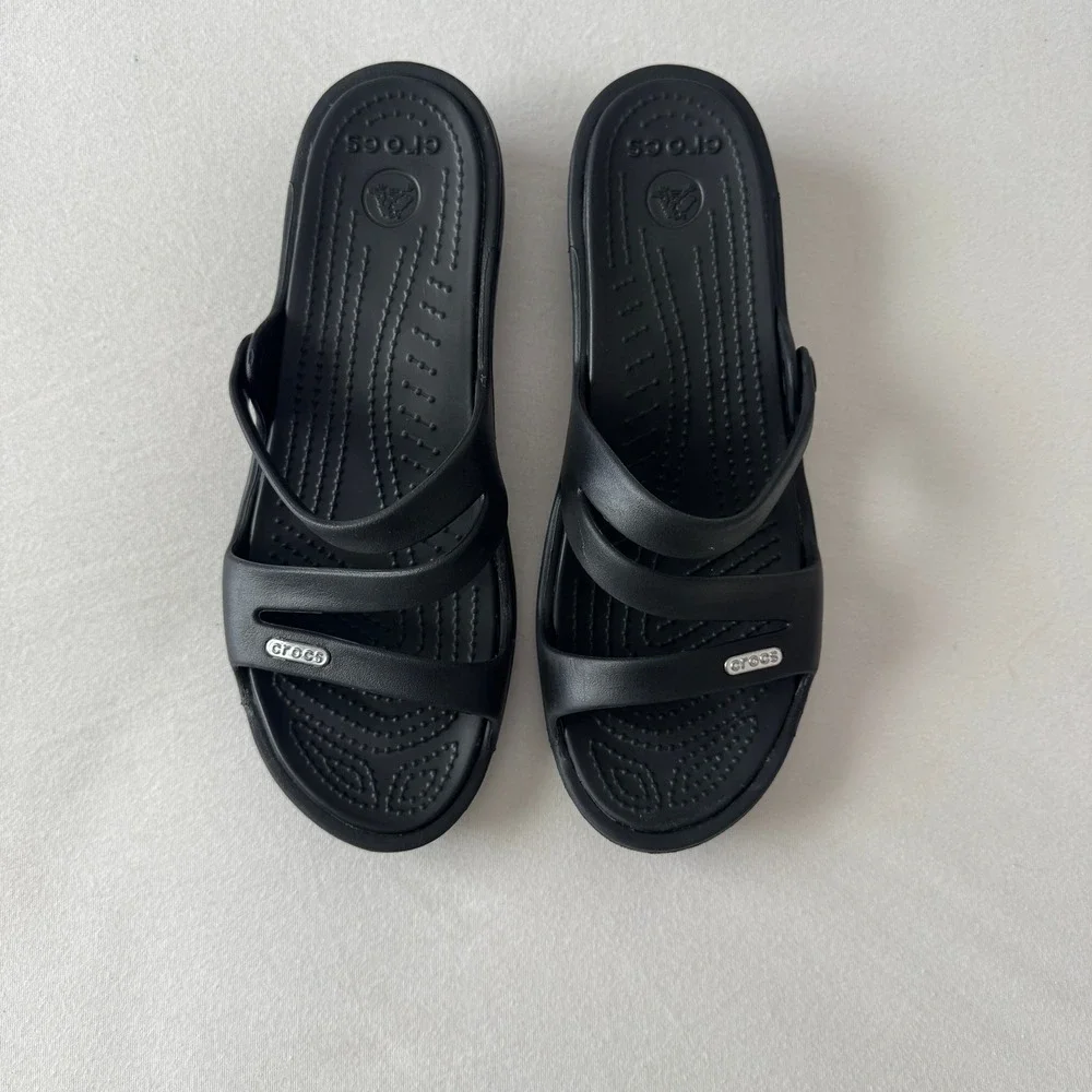 Crocs Patricia Wedge Sandals Womens 8 Black Multi Strap Slip On Shoes Comfort